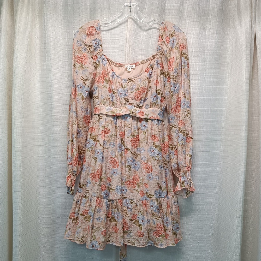 Blu Pepper Floral‎ Square Neck Mini Dress Peach Blue Cottagecore Womens M Lined